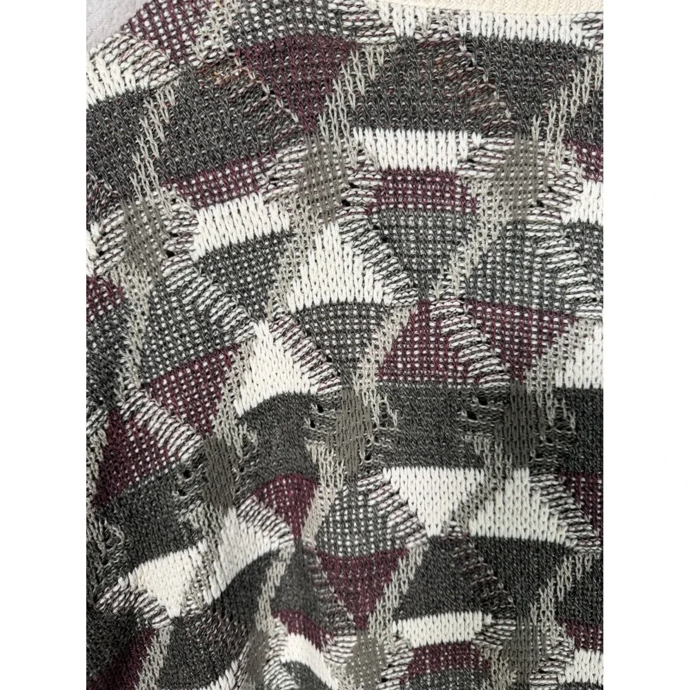 Vintage Jantzen Mens Geometric Intarsia Knit Sweater Grey Burgundy Made in USA L